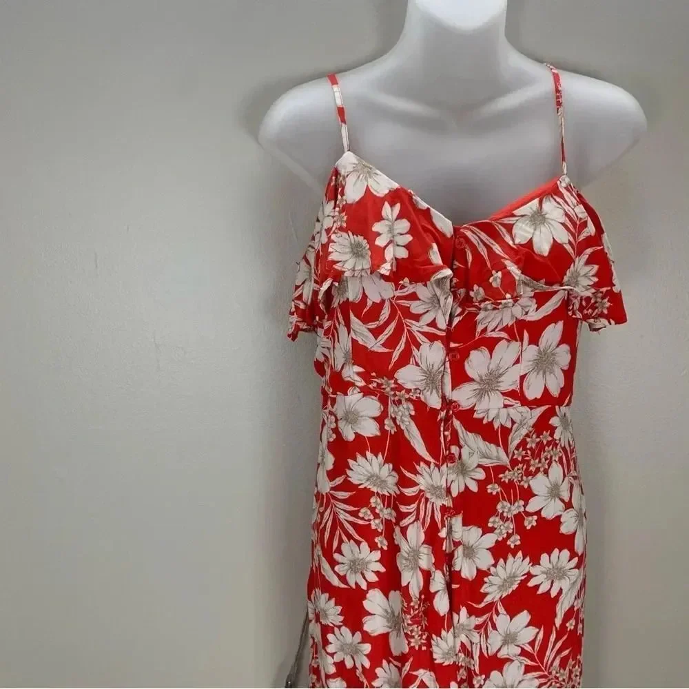 Floral Red Cream Button front ruffle Detail Long Dress with Slit Medium Boho - Picture 2 of 7